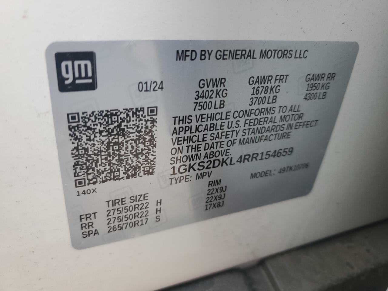 2024 GMC YUKON DENALI VIN:1GKS2DKL4RR154659