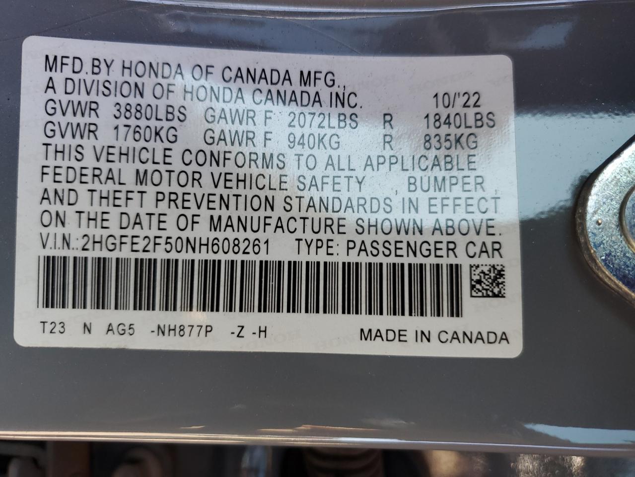 2022 HONDA CIVIC SPORT VIN:2HGFE2F50NH608261