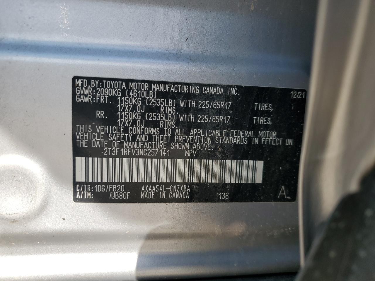 2022 TOYOTA RAV4 LE VIN:2T3F1RFV3NC257141