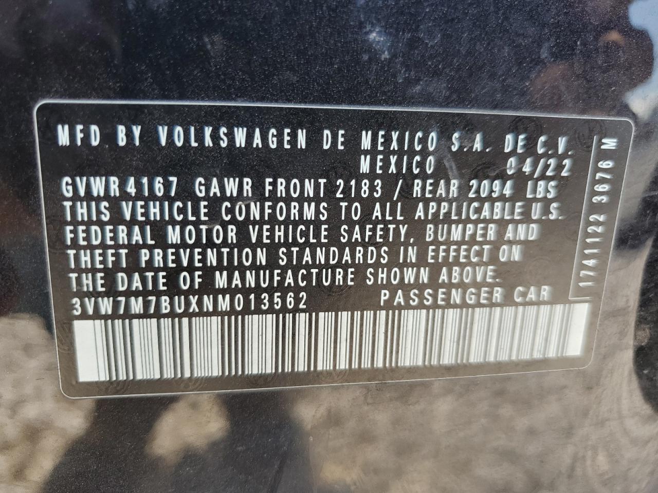 2022 VOLKSWAGEN JETTA SE VIN:3VW7M7BUXNM013562