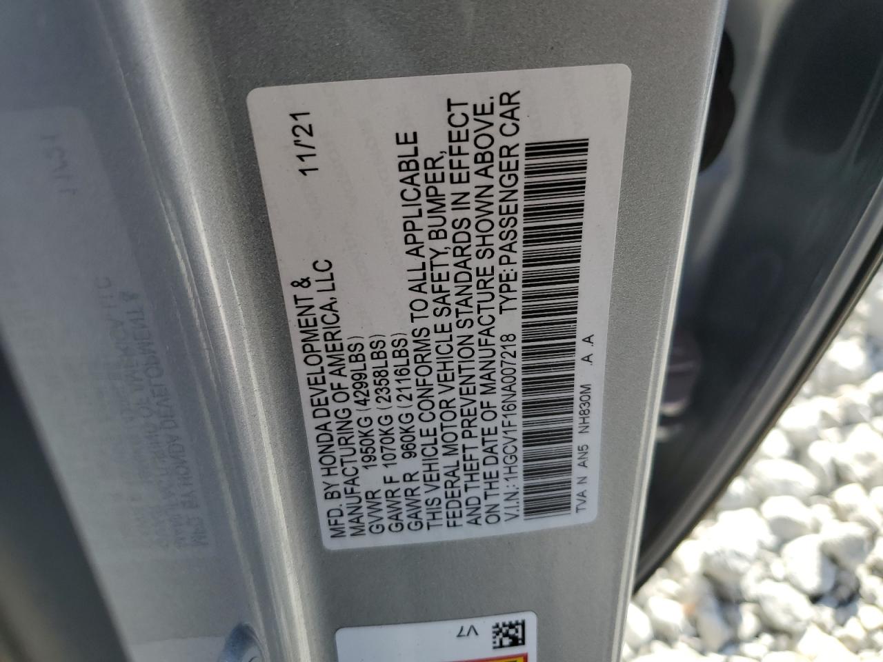 2022 HONDA ACCORD LX VIN:1HGCV1F16NA007218