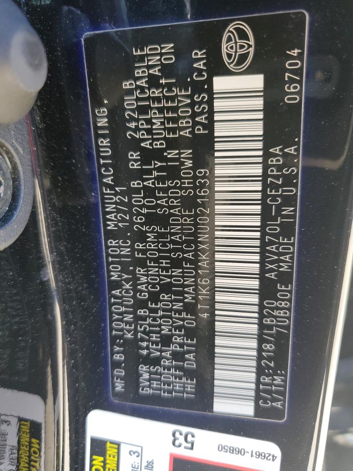 2022 TOYOTA CAMRY XSE VIN:4T1K61AKXNU021639