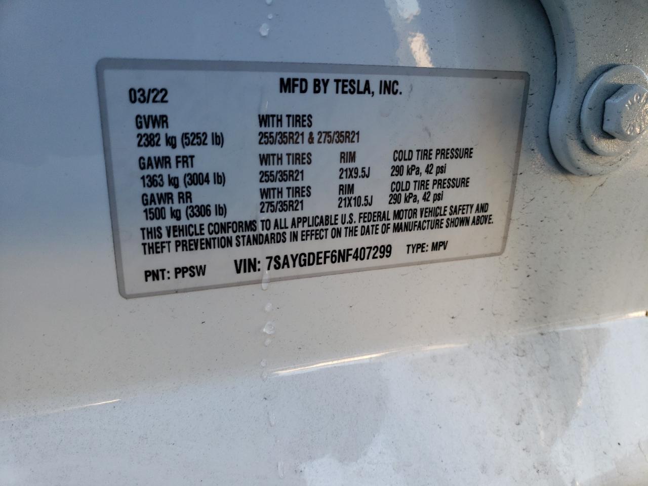 2022 TESLA MODEL Y  VIN:7SAYGDEF6NF407299