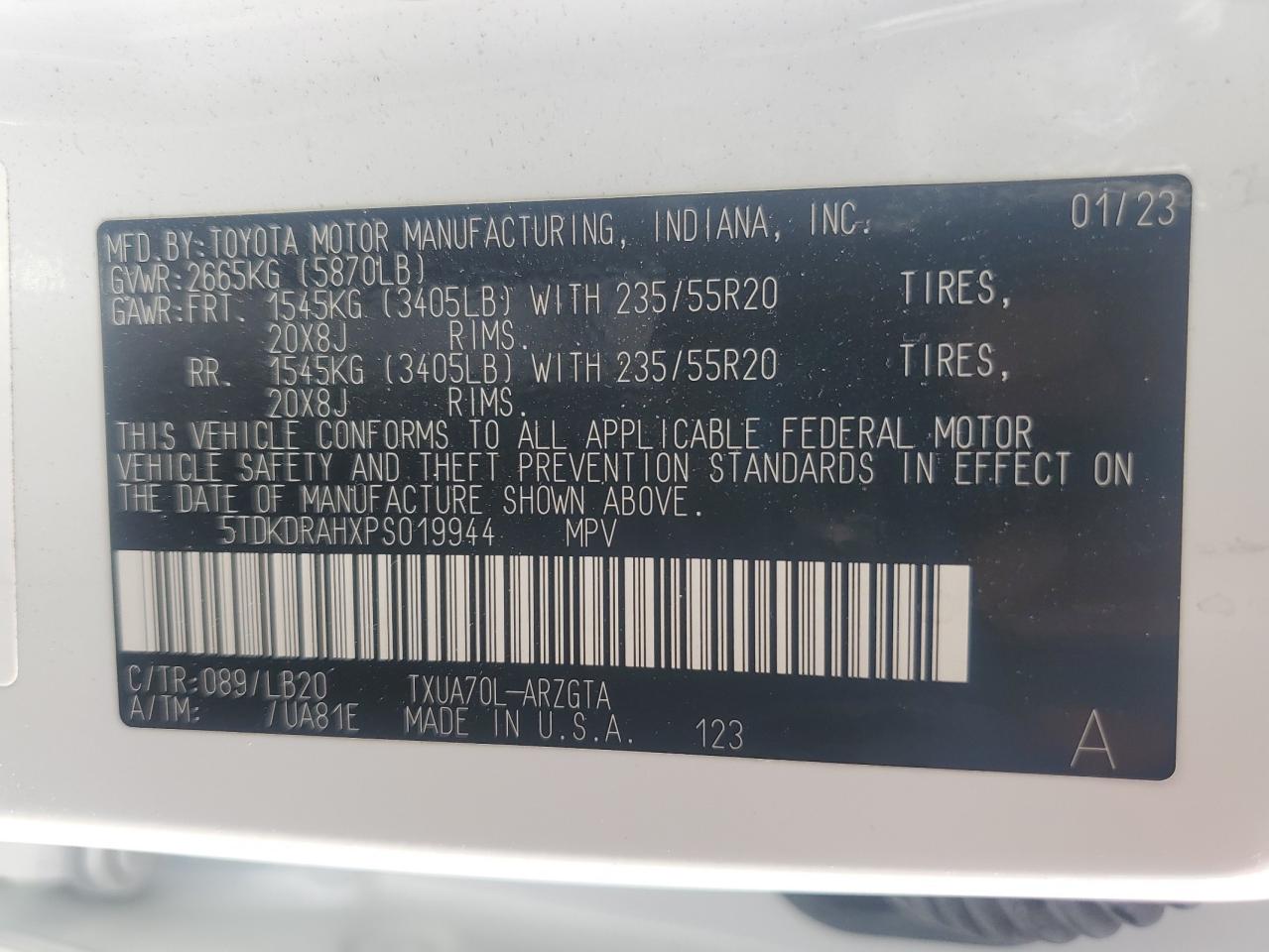 2023 TOYOTA HIGHLANDER L VIN:5TDKDRAHXPS019944