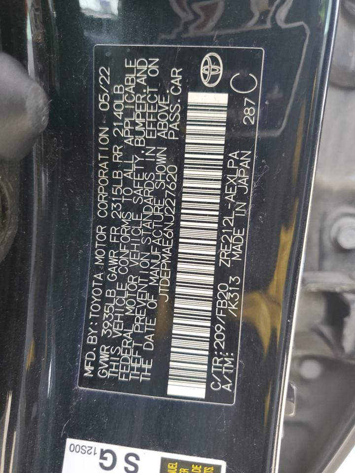 2022 TOYOTA COROLLA LE VIN:JTDEPMAE6NJ227620