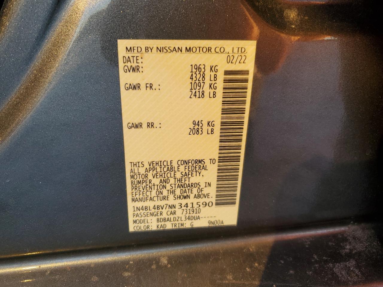 2022 NISSAN ALTIMA S VIN:1N4BL4BV7NN341590