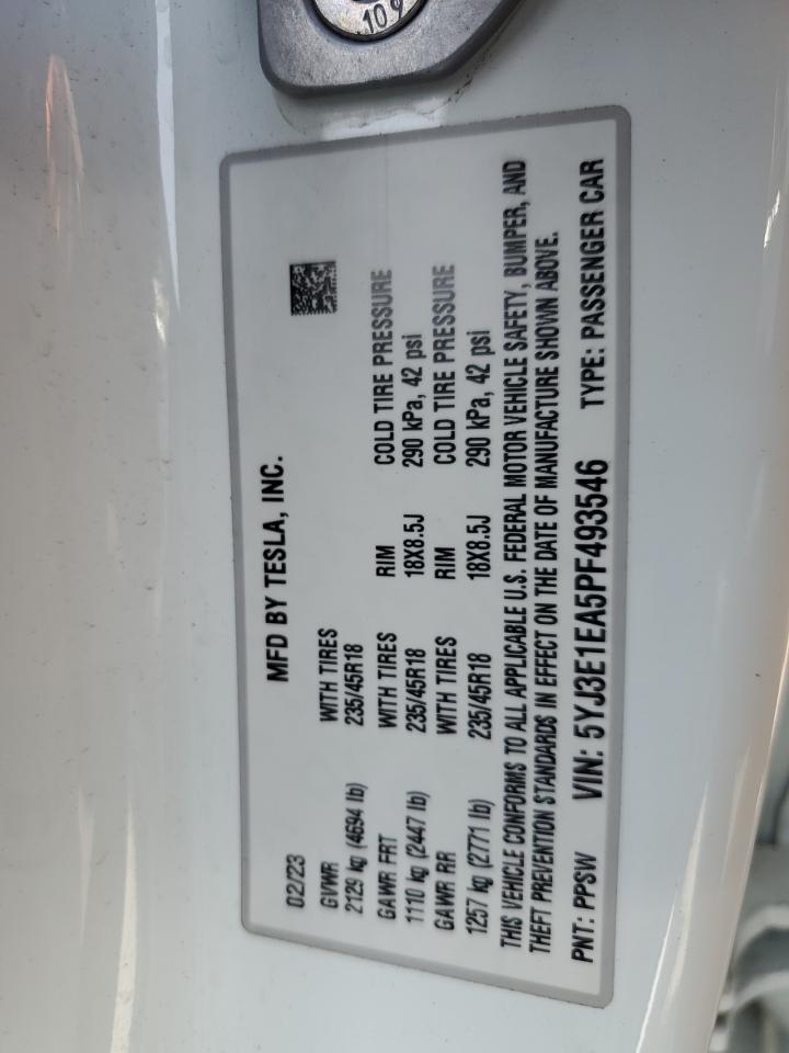 2023 TESLA MODEL 3  VIN:5YJ3E1EA5PF493546