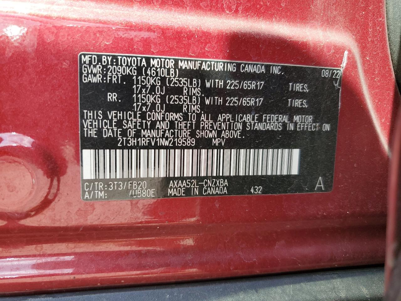 2022 TOYOTA RAV4 LE VIN:2T3H1RFV1NW219589