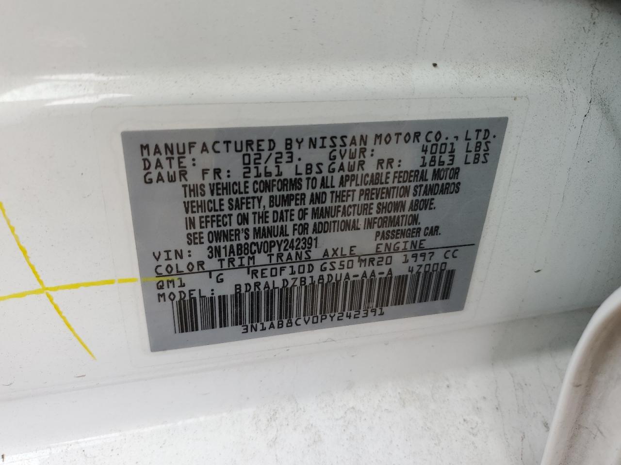 2023 NISSAN SENTRA SV VIN:3N1AB8CV0PY242391