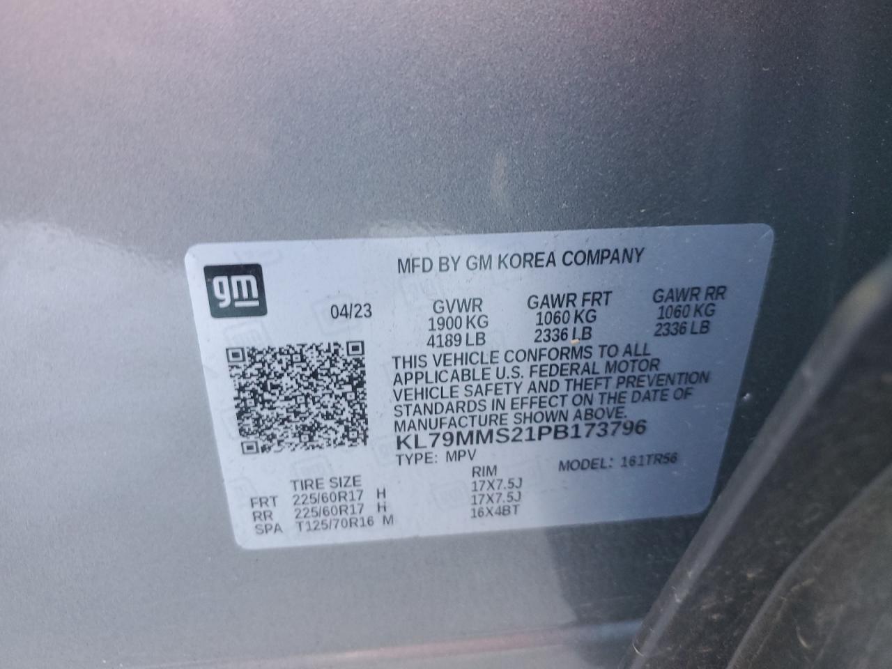 2023 CHEVROLET TRAILBLAZER LS VIN:KL79MMS21PB173796