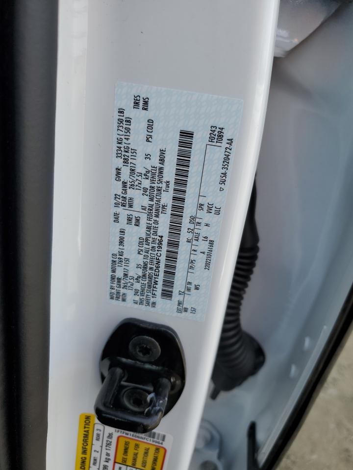 2022 FORD F150 SUPERCREW VIN:1FTFW1ED6NFC19964