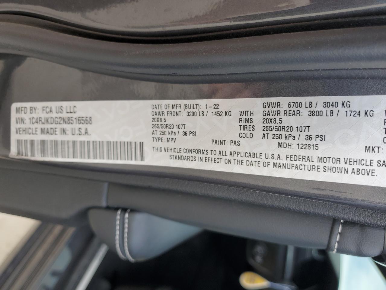 2022 JEEP GRAND CHEROKEE L OVERLAND VIN:1C4RJKDG2N8516568