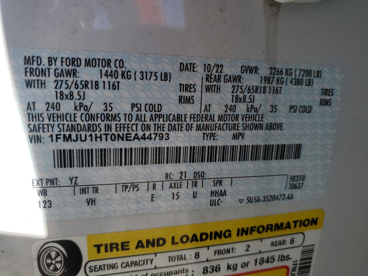 2022 FORD EXPEDITION XLT VIN:1FMJU1HT0NEA44793