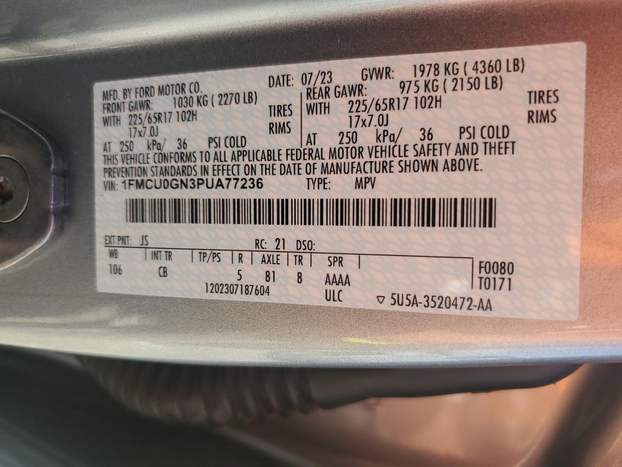 2023 FORD ESCAPE ACTIVE VIN:1FMCU0GN3PUA77236