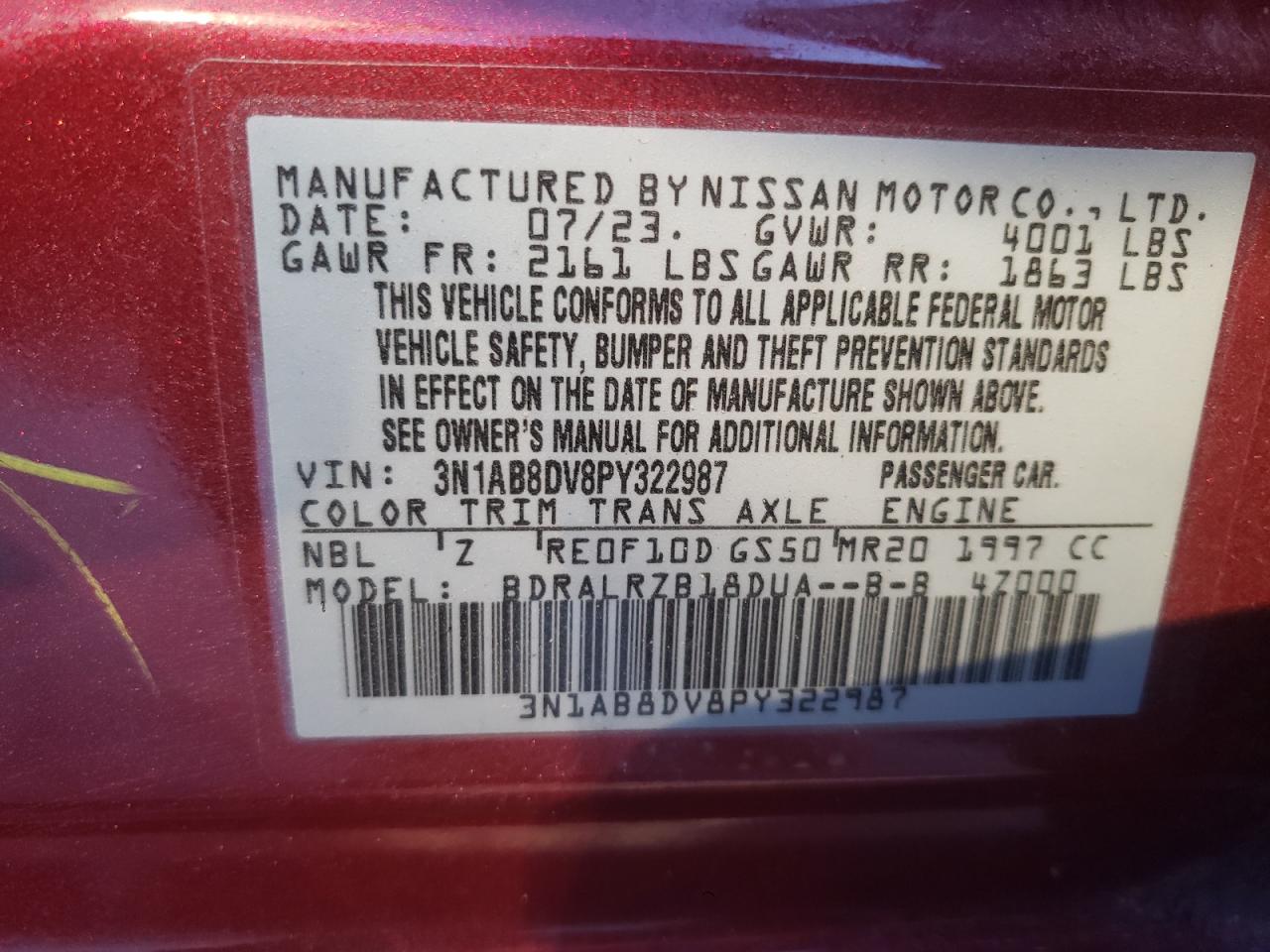 2023 NISSAN SENTRA SR VIN:3N1AB8DV8PY322987