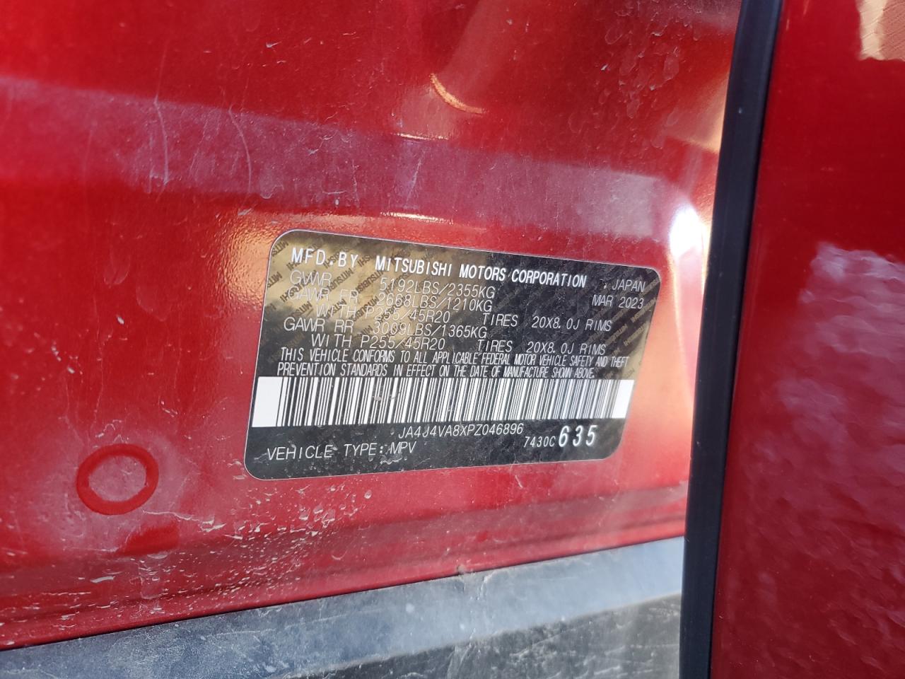 2023 MITSUBISHI OUTLANDER SEL VIN:JA4J4VA8XPZ046896