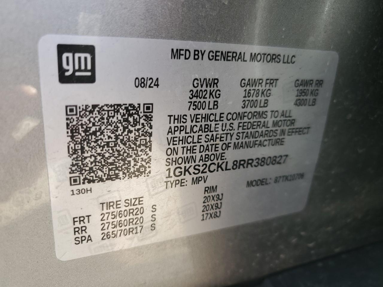 2024 GMC YUKON AT4 VIN:1GKS2CKL8RR380827