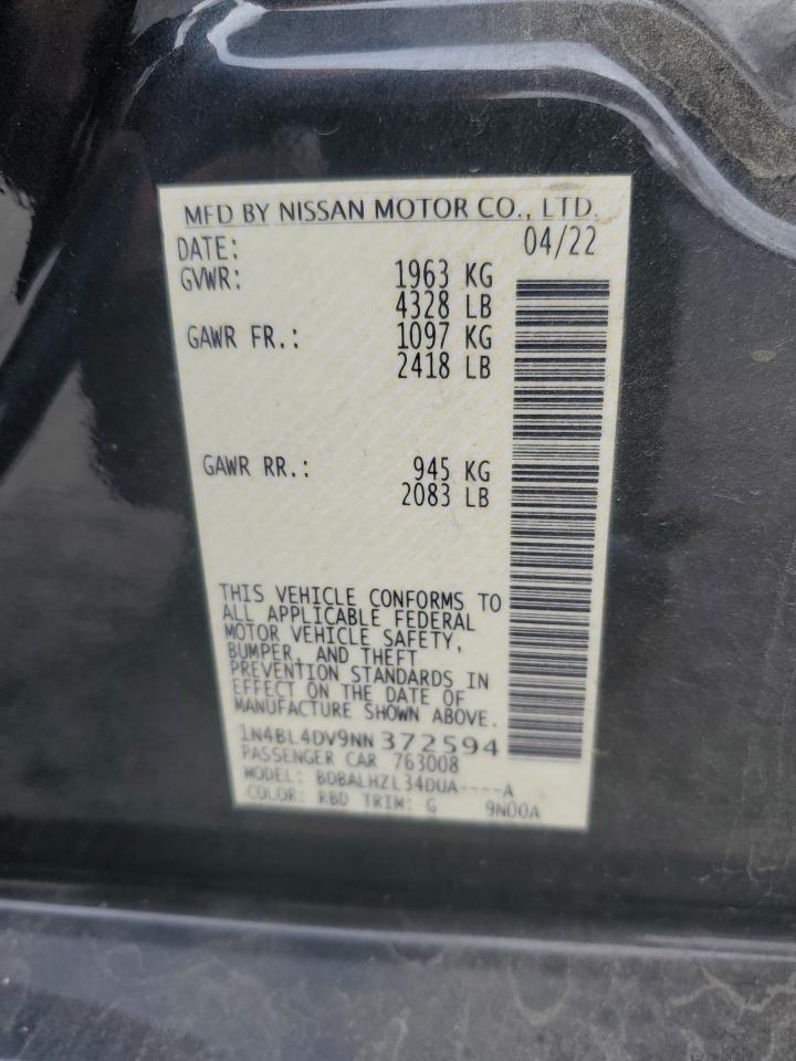 2022 NISSAN ALTIMA SV VIN:1N4BL4DV9NN372594