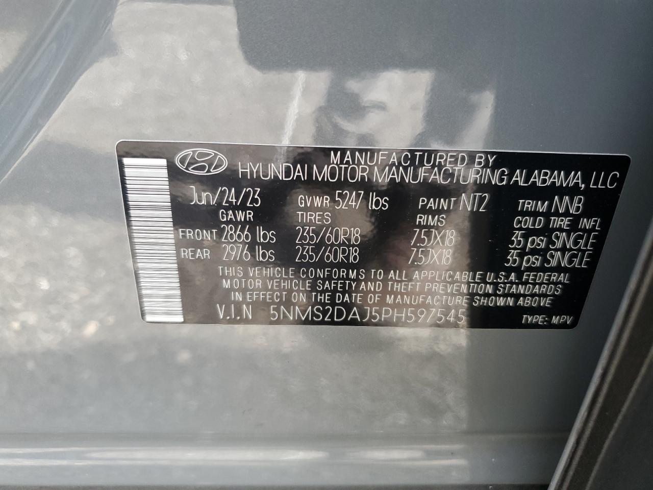 2023 HYUNDAI SANTA FE SEL VIN:5NMS2DAJ5PH597545