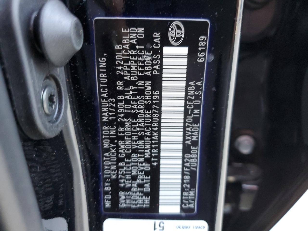 2024 TOYOTA CAMRY LE VIN:4T1R11AK4RU877196