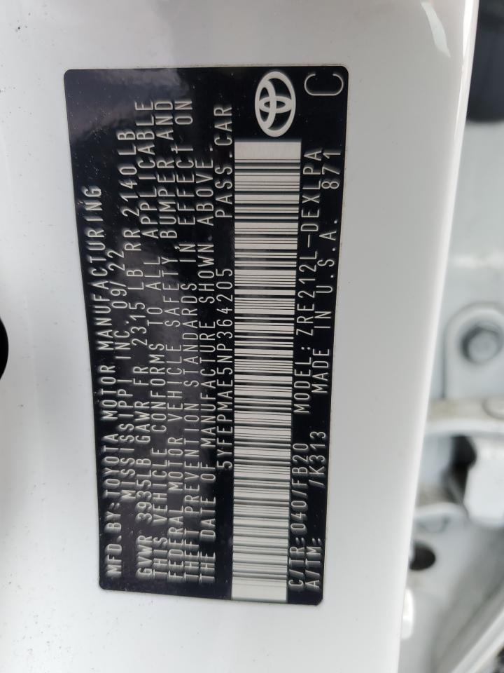 2022 TOYOTA COROLLA LE VIN:5YFEPMAE5NP364205