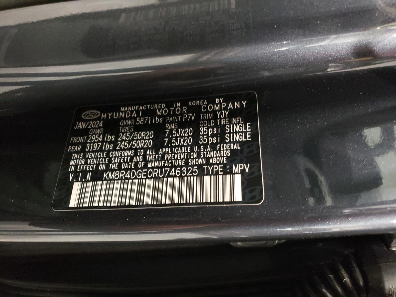 2024 HYUNDAI PALISADE SEL PREMIUM VIN:KM8R4DGE0RU746325