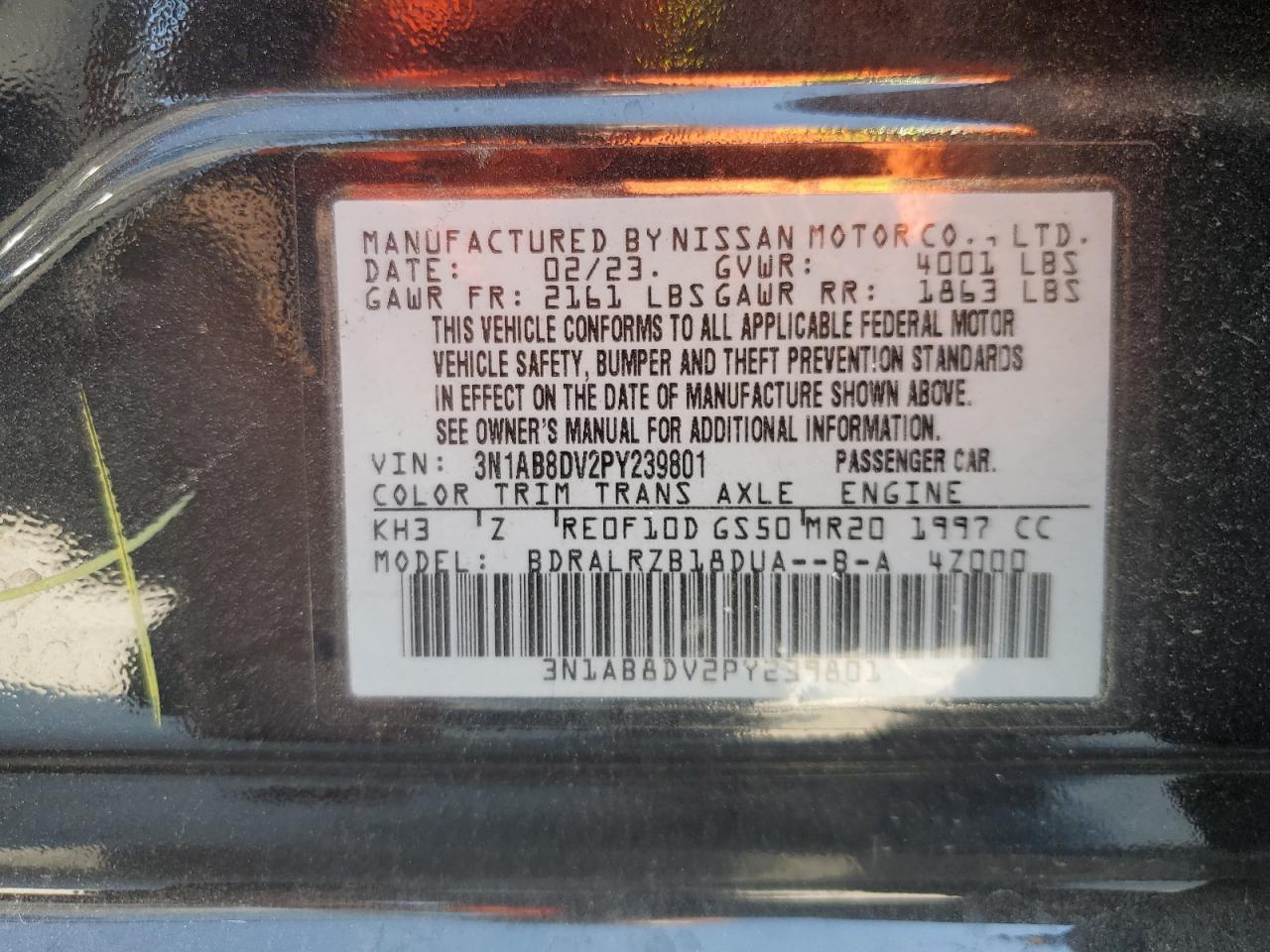 2023 NISSAN SENTRA SR VIN:3N1AB8DV2PY239801