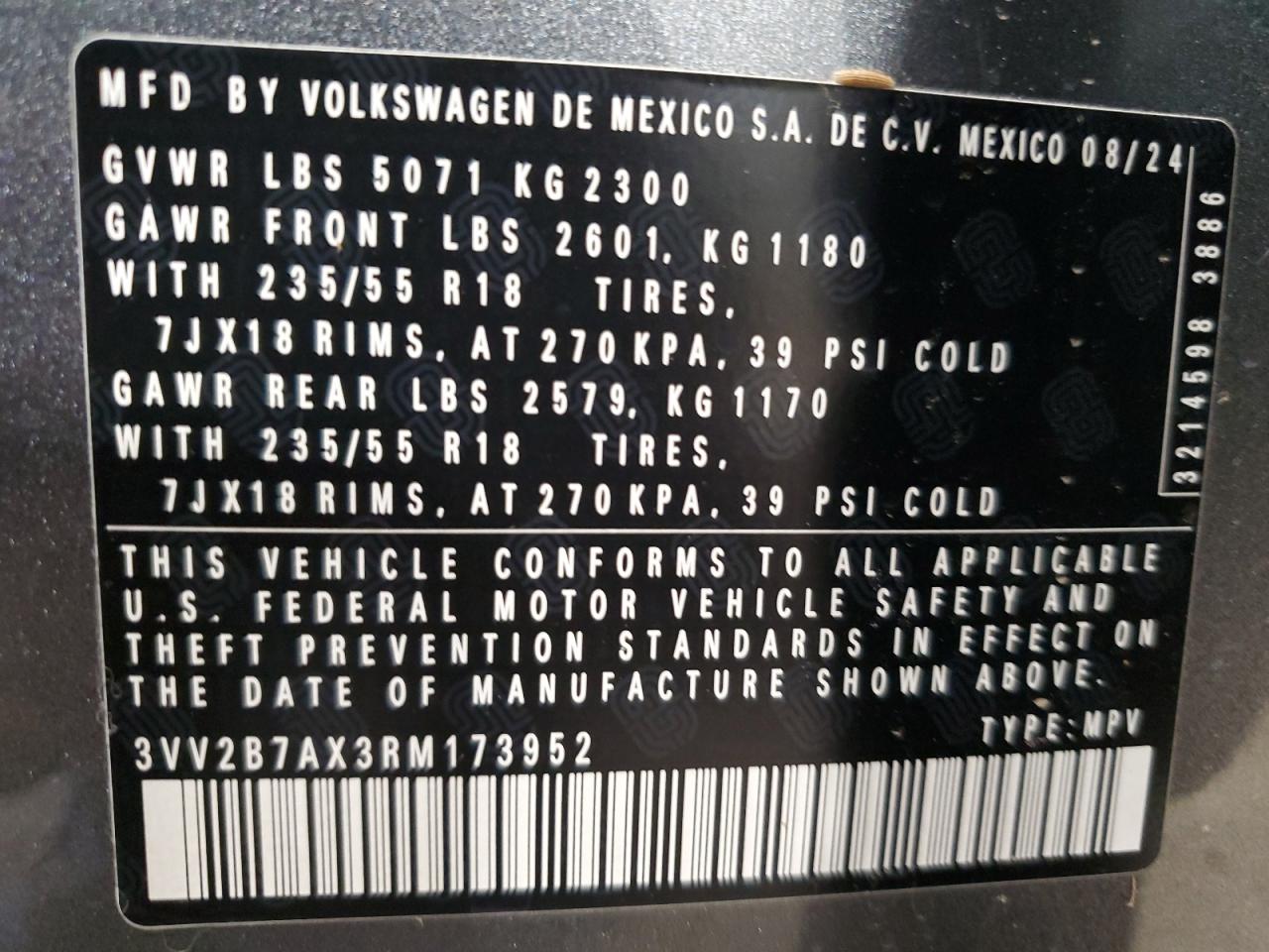 2024 VOLKSWAGEN TIGUAN SE VIN:3VV2B7AX3RM173952