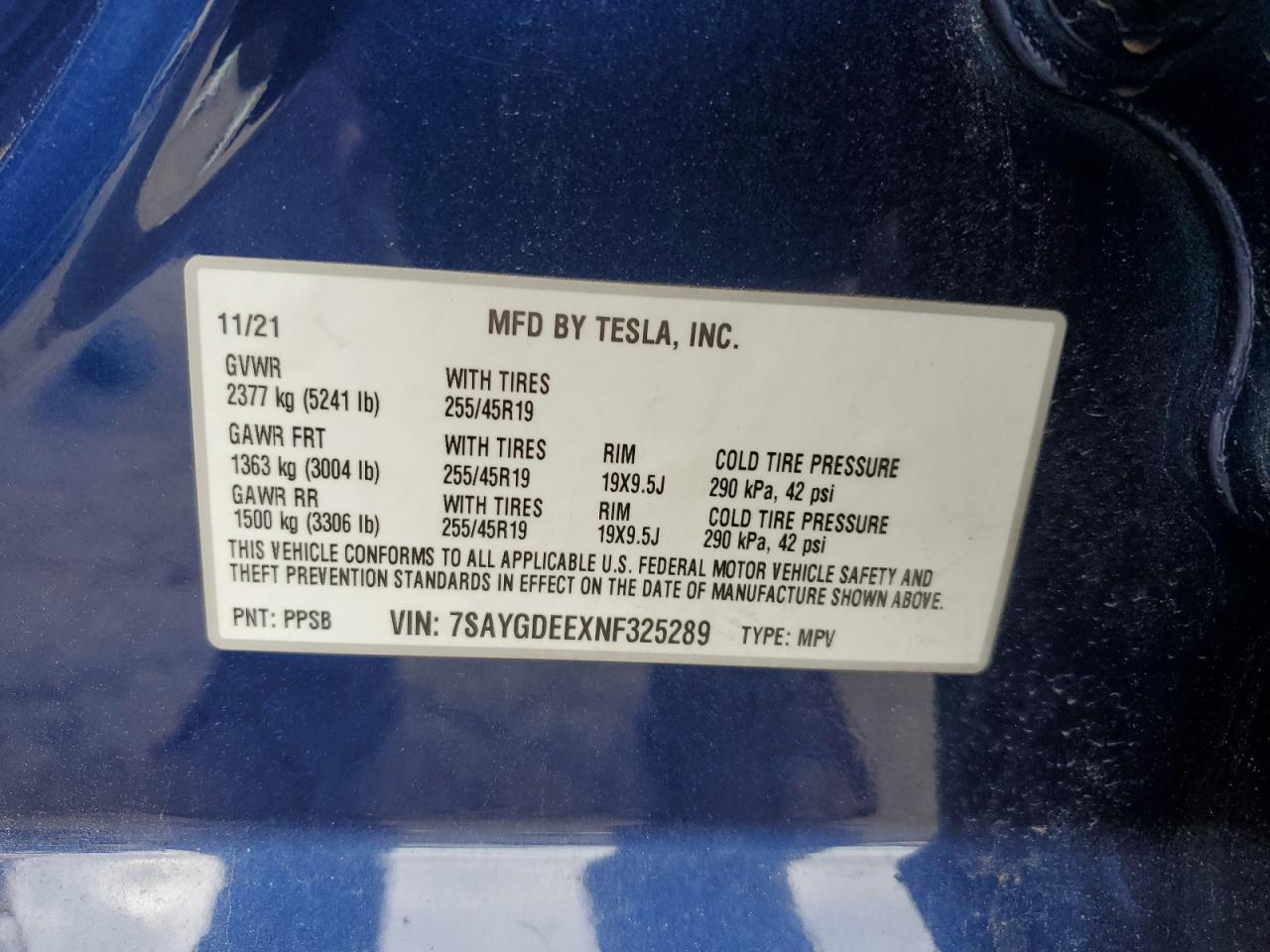 2022 TESLA MODEL Y  VIN:7SAYGDEEXNF325289