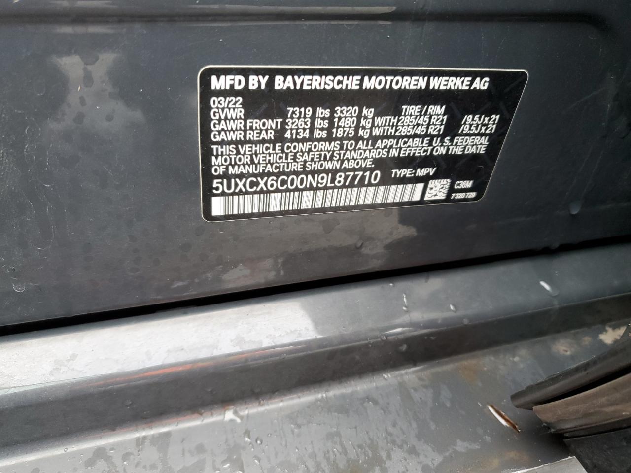 2022 BMW X7 M50I VIN:5UXCX6C00N9L87710