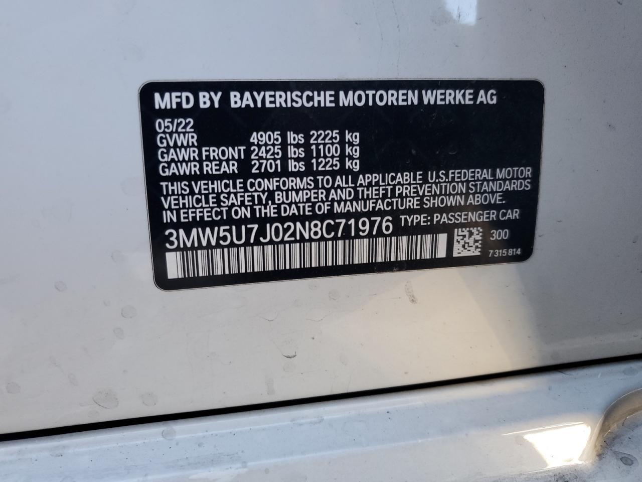 2022 BMW M340I  VIN:3MW5U7J02N8C71976
