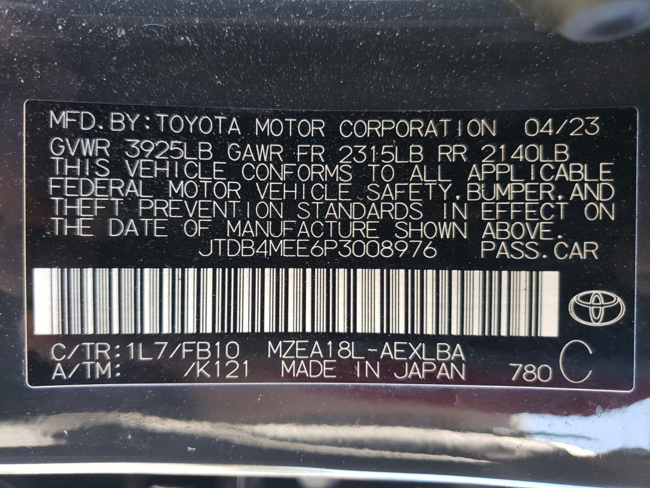 2023 TOYOTA COROLLA LE VIN:JTDB4MEE6P3008976