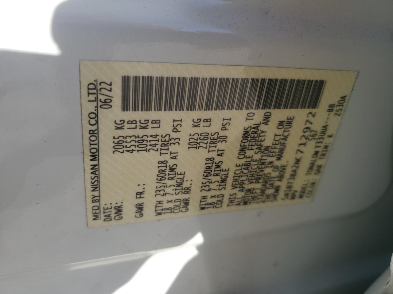 2022 NISSAN ROGUE SV VIN:5N1BT3BA2NC712972
