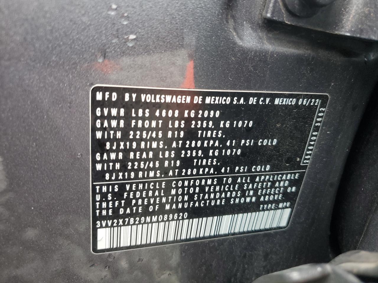 2022 VOLKSWAGEN TAOS SEL VIN:3VV2X7B29NM089620