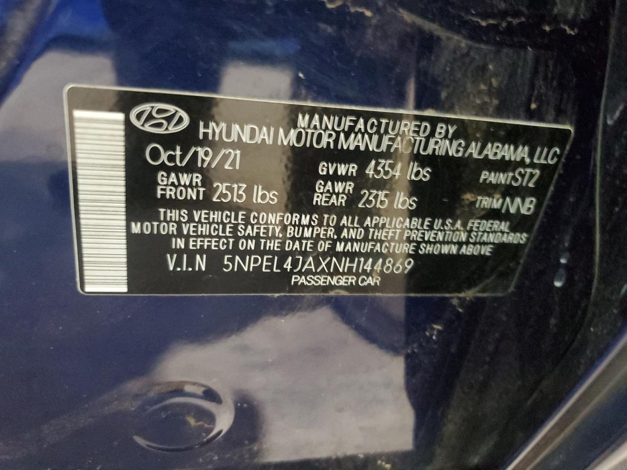 2022 HYUNDAI SONATA SEL VIN:5NPEL4JAXNH144869