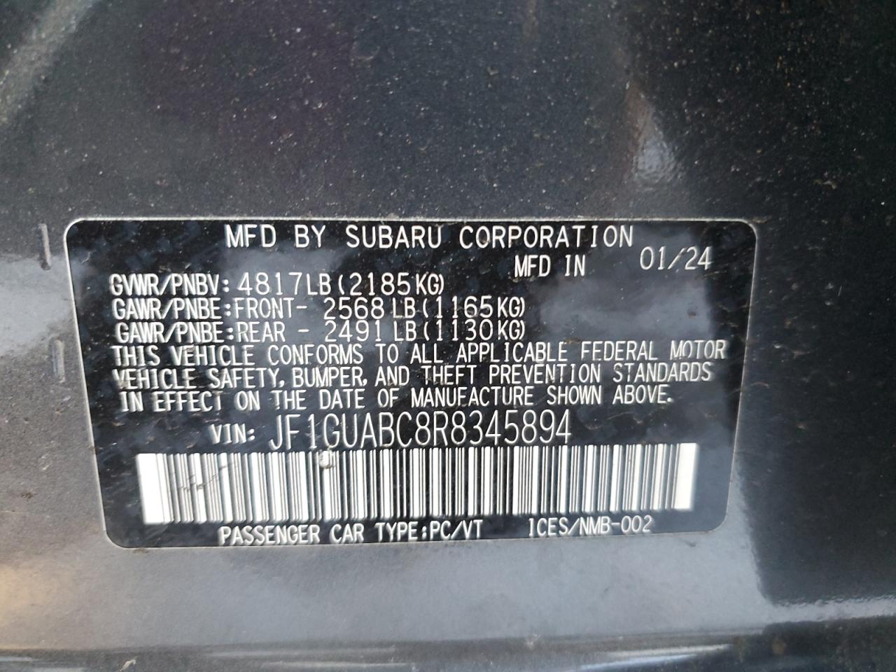 2024 SUBARU IMPREZA  VIN:JF1GUABC8R8345894