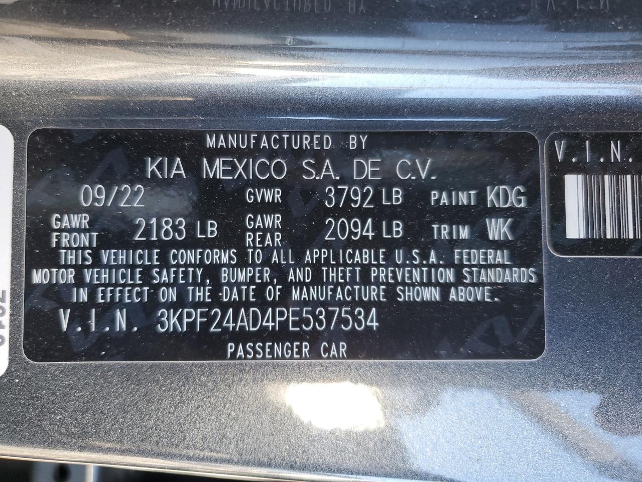 2023 KIA FORTE LX VIN:3KPF24AD4PE537534
