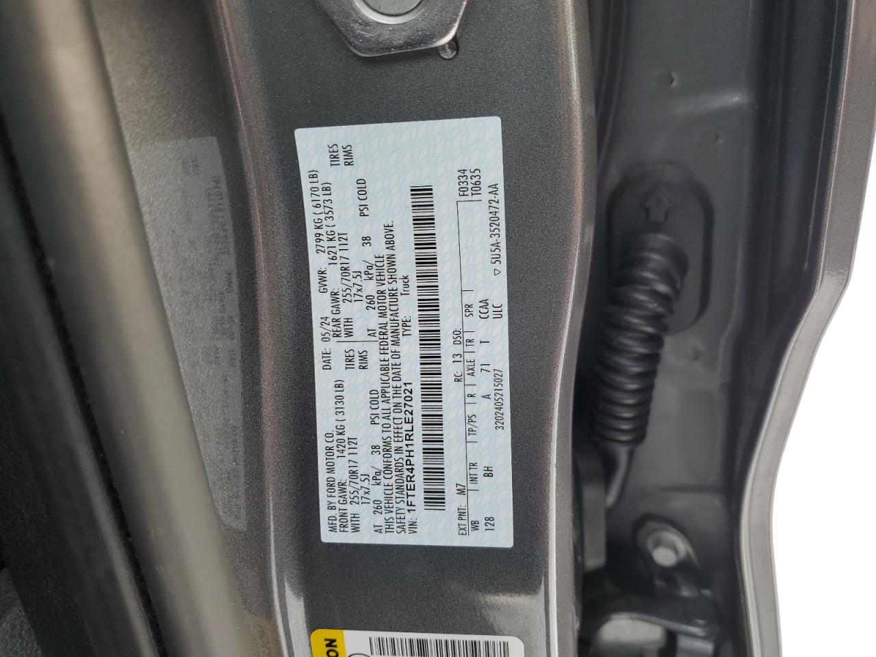 2024 FORD RANGER XL VIN:1FTER4PH1RLE27021