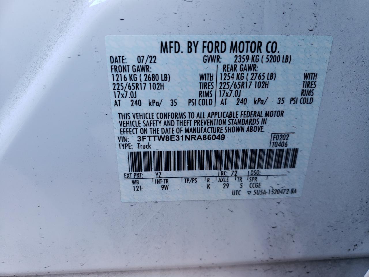 2022 FORD MAVERICK XL VIN:3FTTW8E31NRA86049