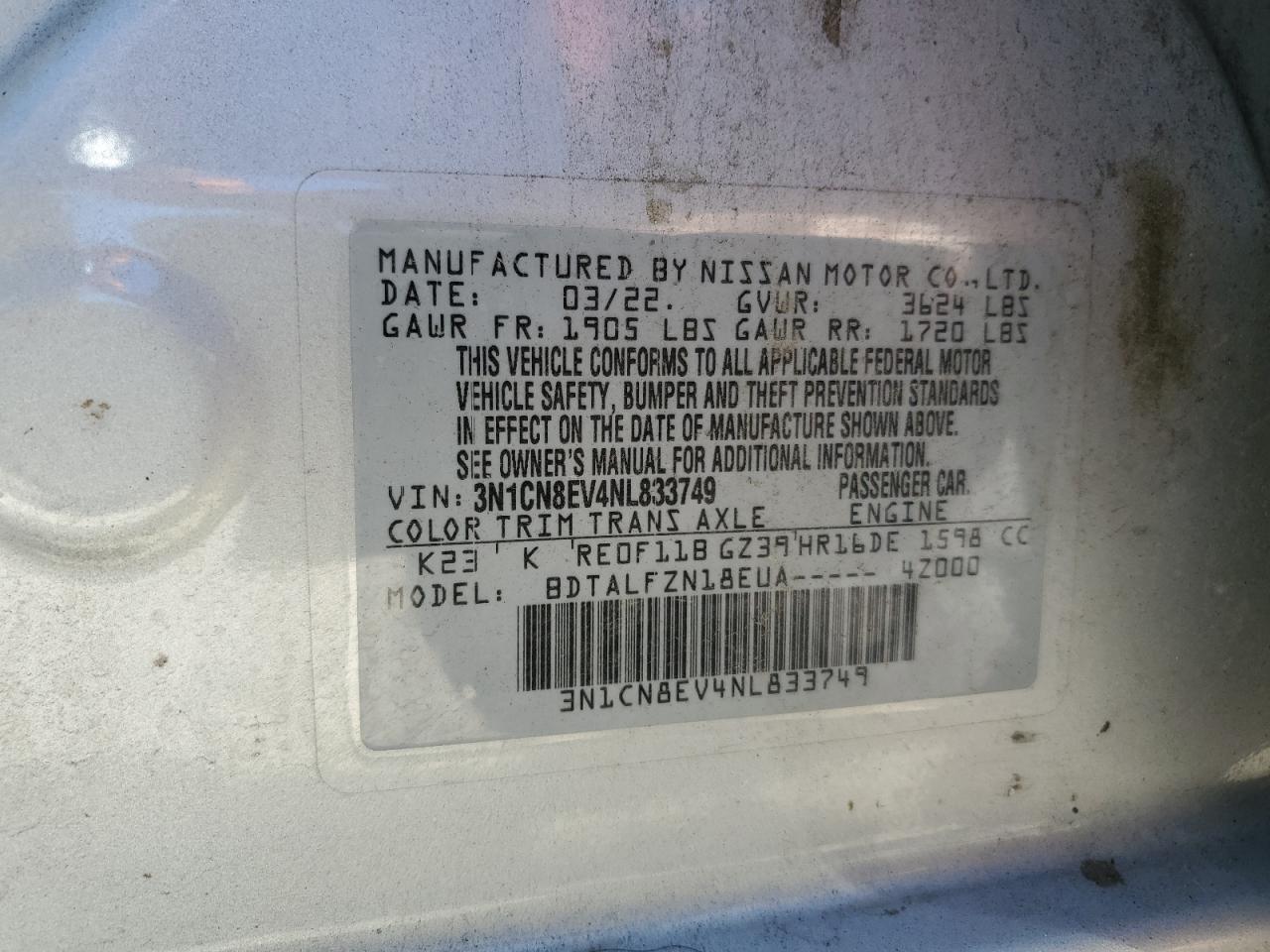 2022 NISSAN VERSA SV VIN:3N1CN8EV4NL833749