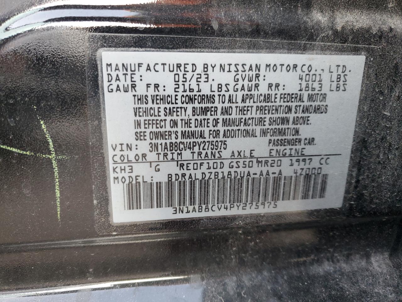 2023 NISSAN SENTRA SV VIN:3N1AB8CV4PY275975