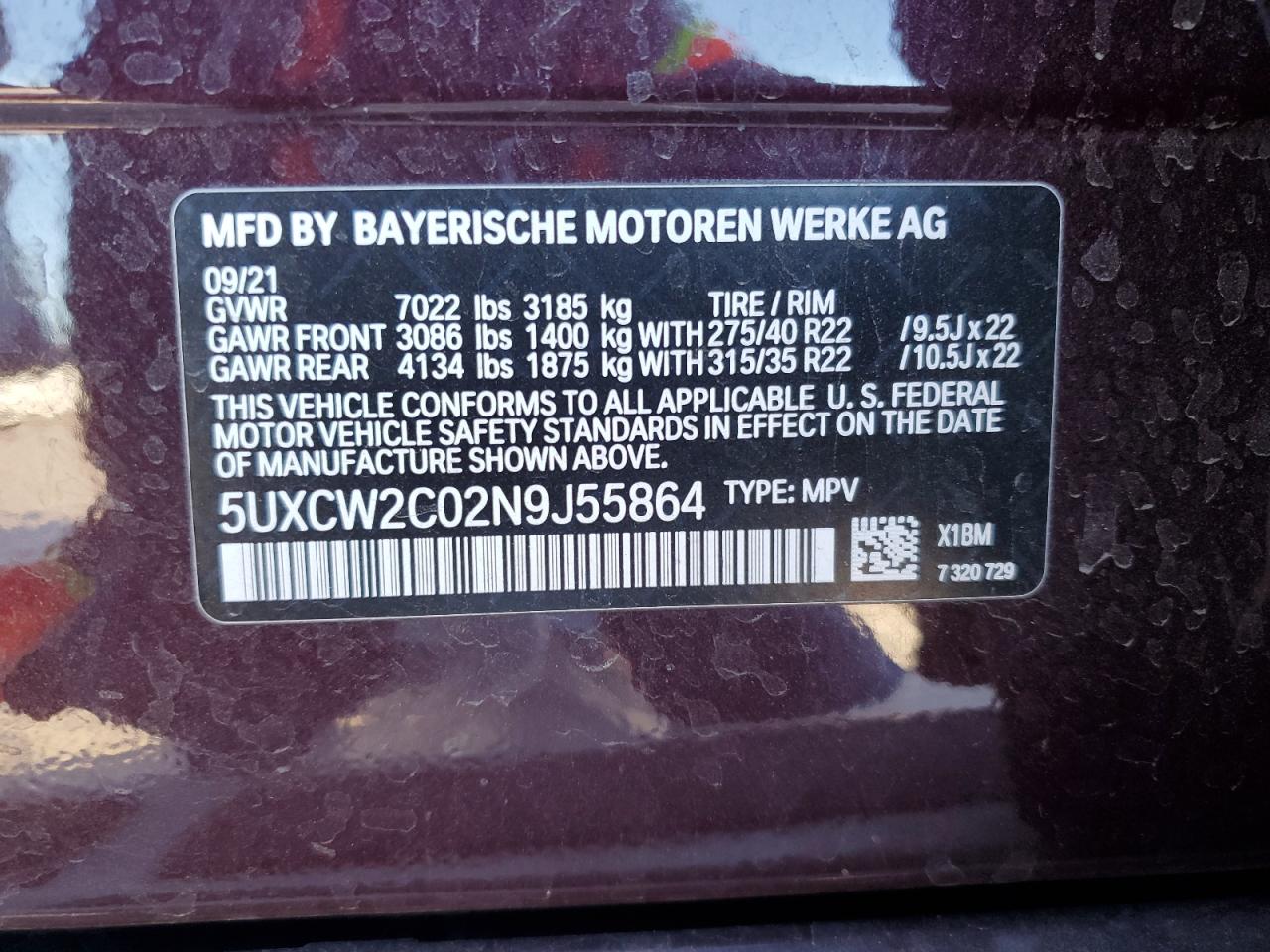 2022 BMW X7 XDRIVE40I VIN:5UXCW2C02N9J55864