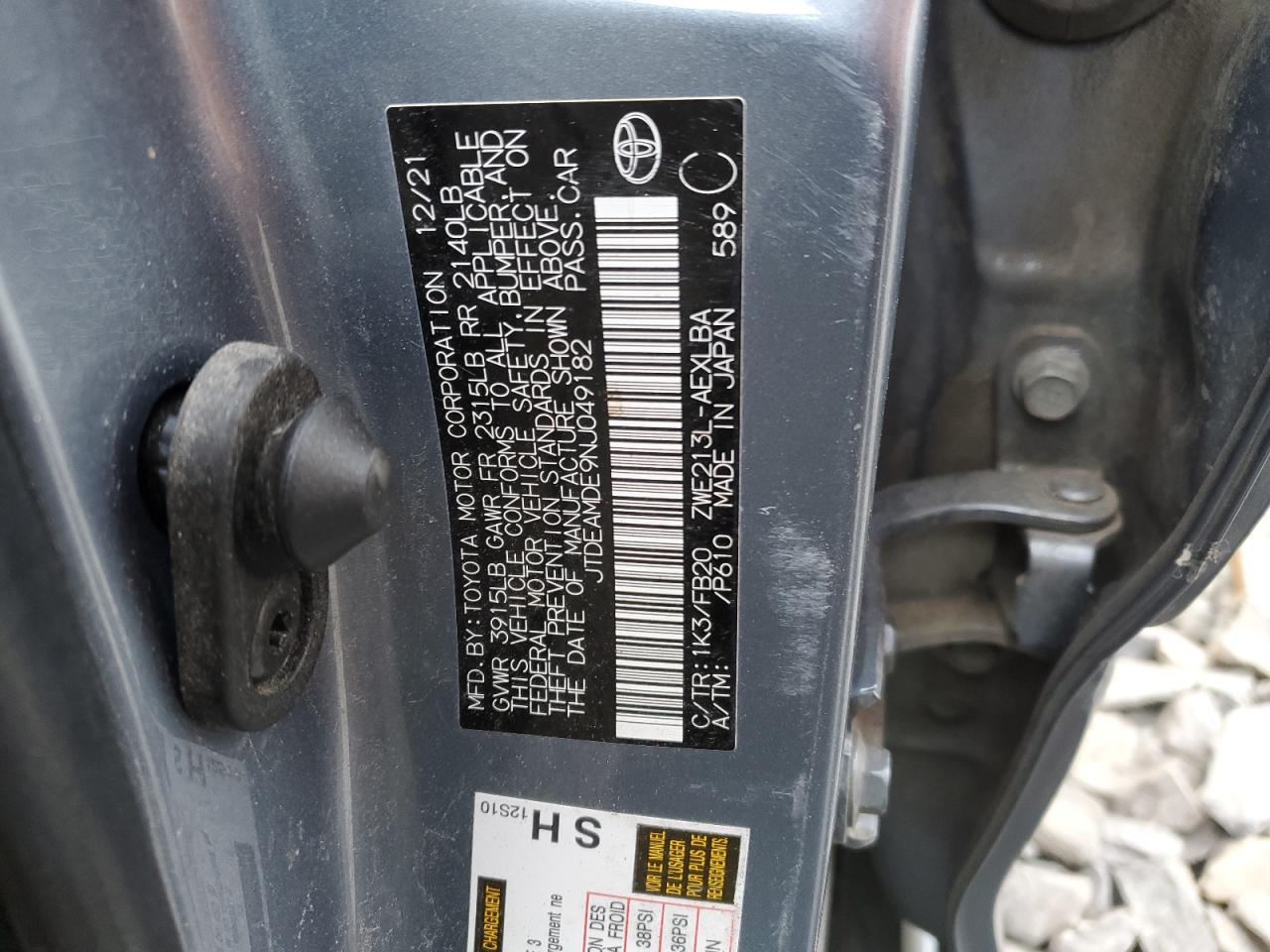 2022 TOYOTA COROLLA LE VIN:JTDEAMDE9NJ049182