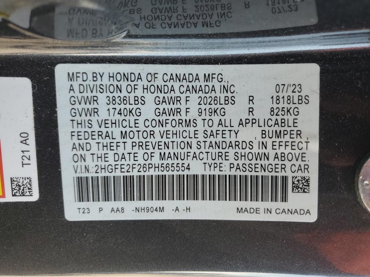 2023 HONDA CIVIC LX VIN:2HGFE2F26PH565554