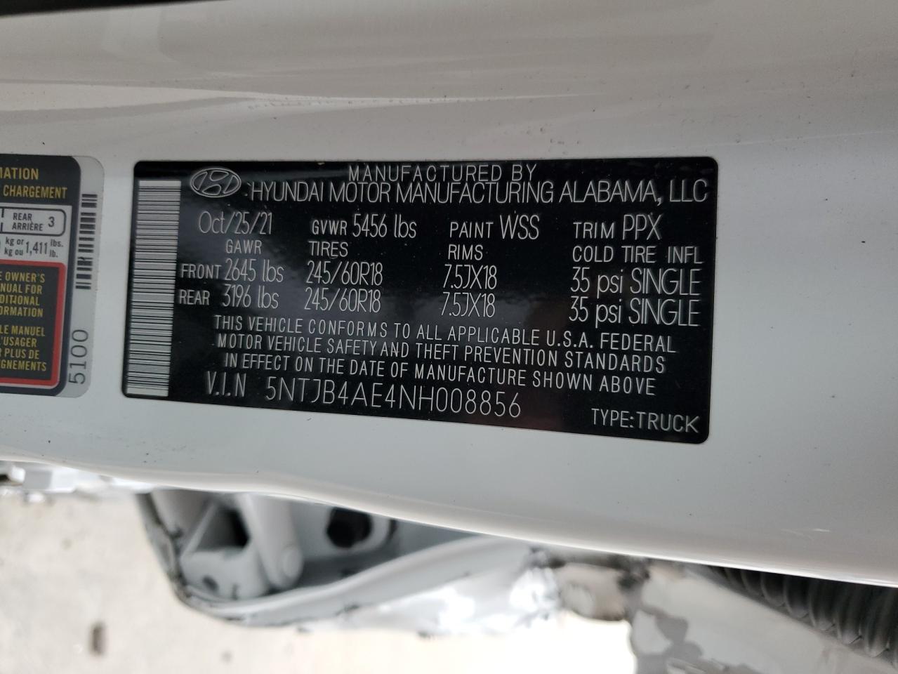 2022 HYUNDAI SANTA CRUZ SEL VIN:5NTJB4AE4NH008856