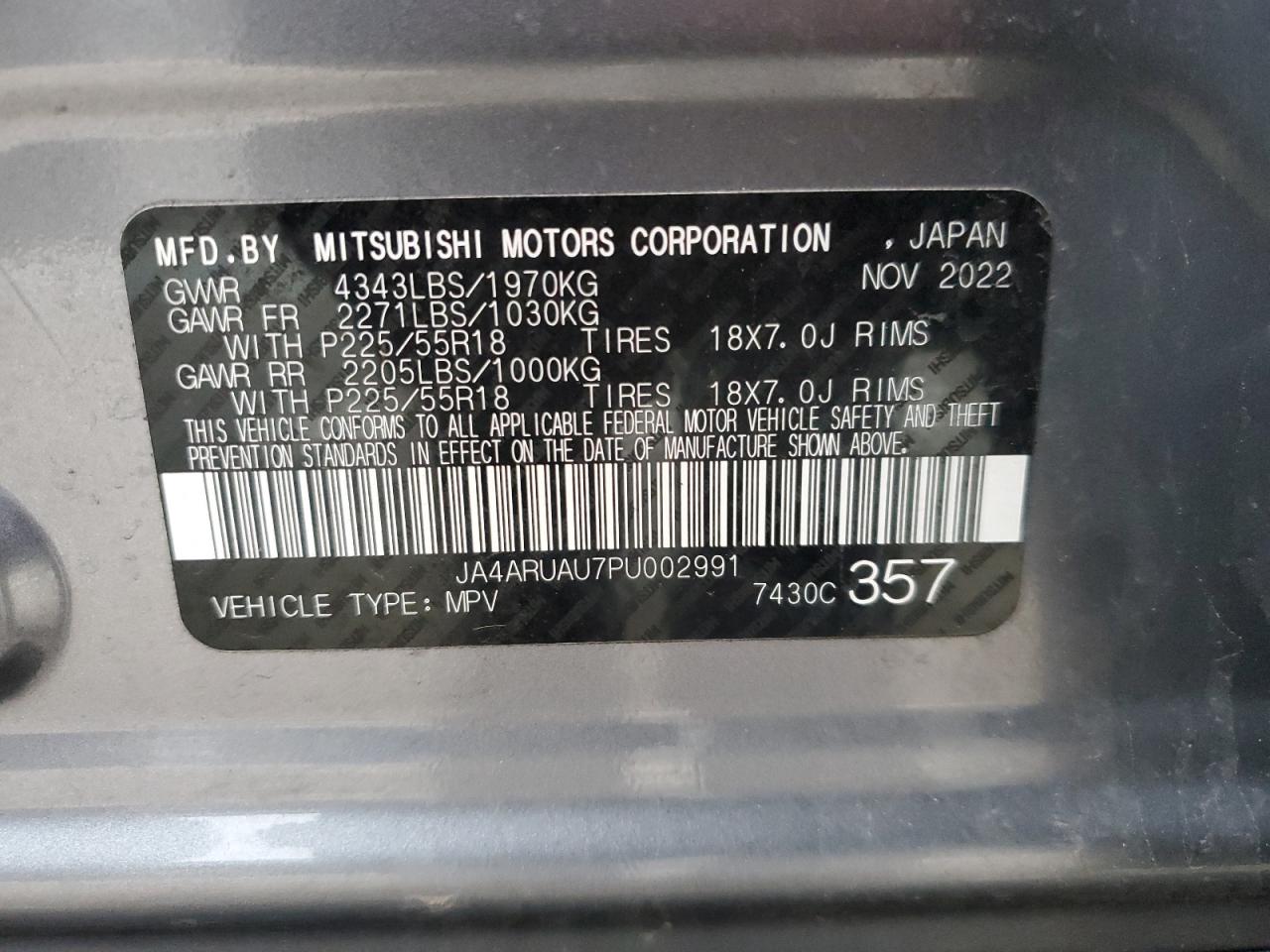 2023 MITSUBISHI OUTLANDER SPORT S/SE VIN:JA4ARUAU7PU002991