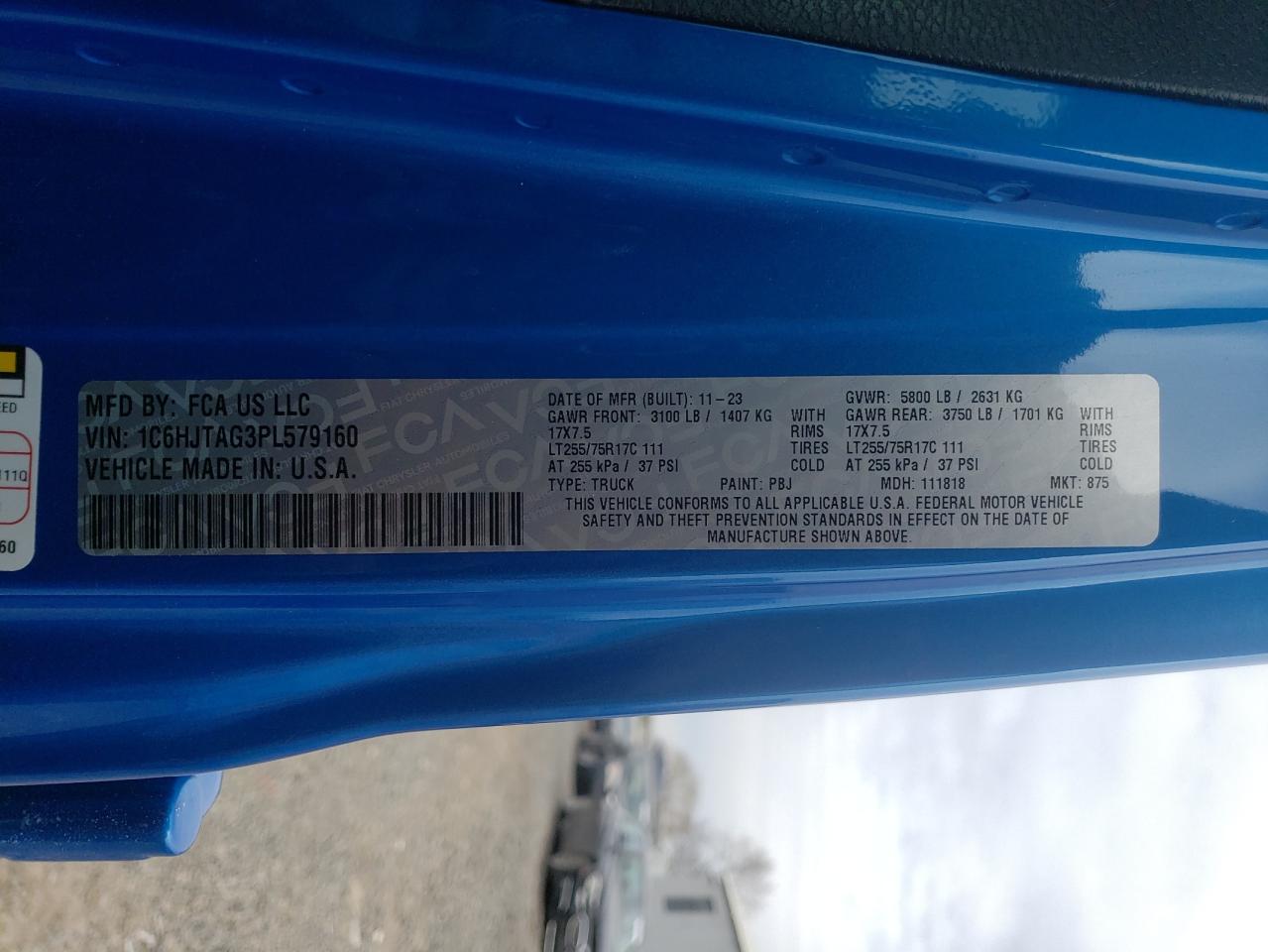 2023 JEEP GLADIATOR SPORT VIN:1C6HJTAG3PL579160