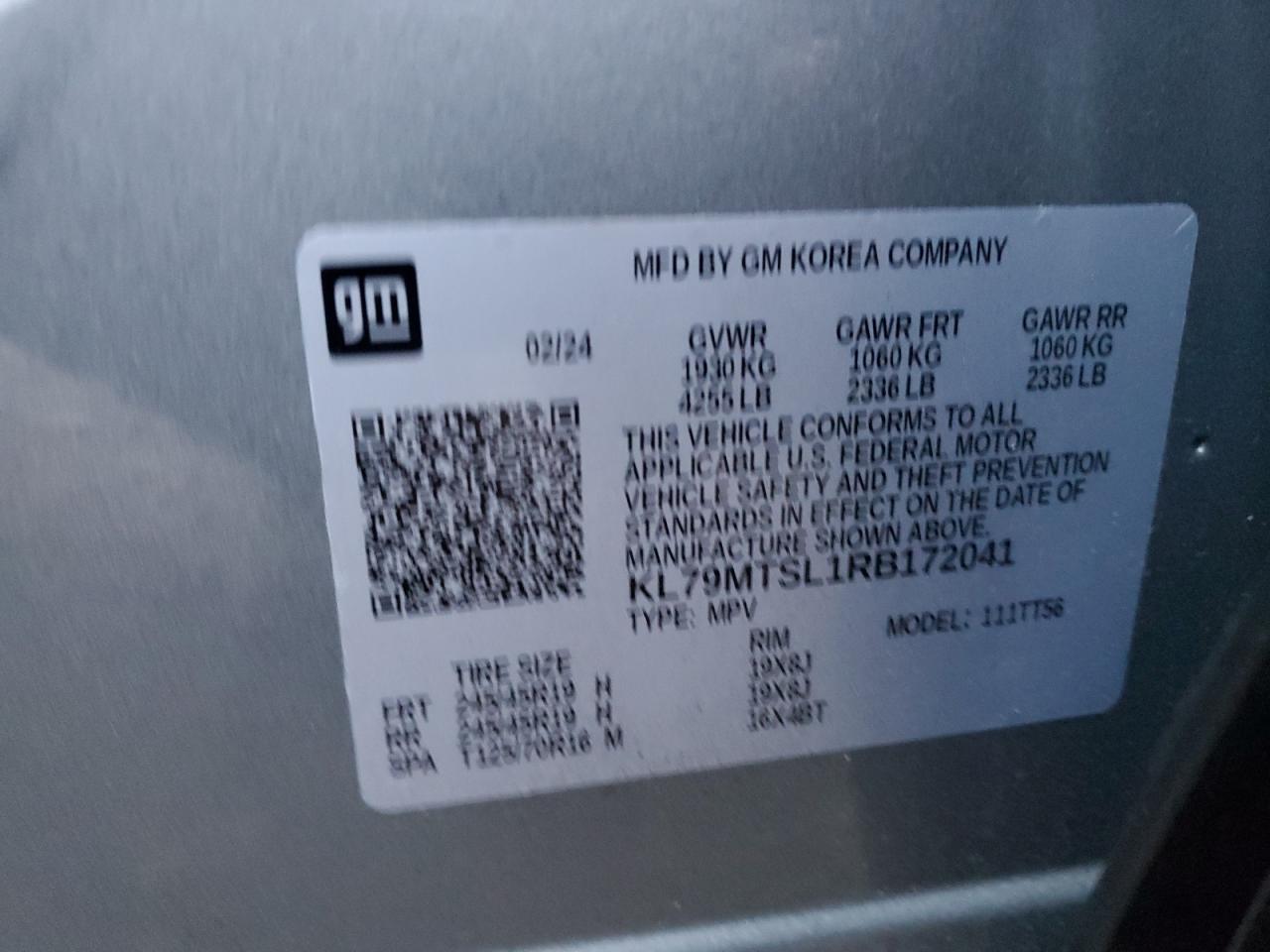 2024 CHEVROLET TRAILBLAZER RS VIN:KL79MTSL1RB172041