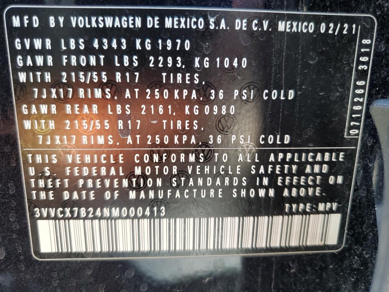 2022 VOLKSWAGEN TAOS S VIN:3VVCX7B24NM000413