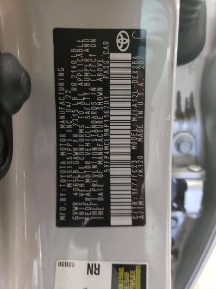 2022 TOYOTA COROLLA SE VIN:5YFP4MCE9NP116201